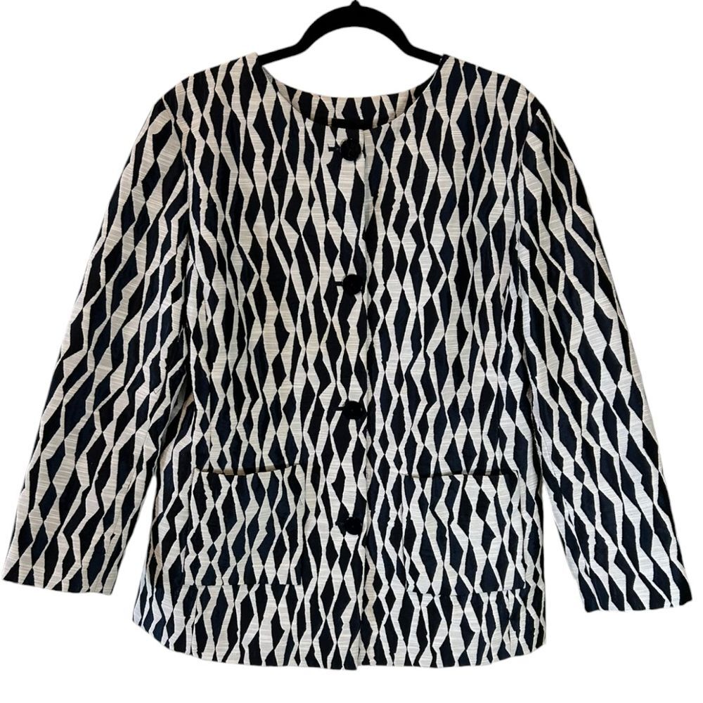Doncaster Collection Geometric Print Button-Front Jacket Black White Pattern‎